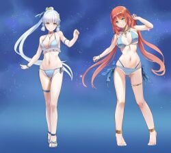 2girls :) anklet aqua_hair aqua_swimsuit bare_shoulders barefoot belly big_breasts bikini bikini_bottom bikini_top blue_eyes bracelet breasts cleavage eyelashes female female_only full_body genshin_impact head_tilt highres hips kamisato_ayaka legs legs_together light-skinned_female light_skin long_hair looking_at_viewer mole mole_under_eye navel necklace nilou_(genshin_impact) noshiro_tomoya ponytail posing red_hair revealing_clothes sandals smile smiling smiling_at_viewer spread_legs standing stomach swimsuit thigh_gap thigh_strap thighs turquoise_eyes twintails very_long_hair waist