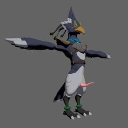 1:1 3d_(artwork) anklet anthro armor avian beak belt blender_(artwork) blender_eevee braided_hair breath_of_the_wild digital_media_(artwork) erection feathers genitals hair hallux hi_res jewelry male nintendo penis pink_penis revali simple_background solo standing t-pose tail tail_feathers tapering_penis the_legend_of_zelda vike_mike
