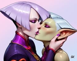 2girls a.k.i. ai_generated asian asian_female chinese chinese_female goblin goblin_feet goblin_female kiss kissing street_fighter street_fighter_6 yuri