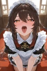 ai_generated clowenqq cum_hungry genshin_impact hoyoverse hu_tao_(genshin_impact) maid maid_uniform open_mouth servant tongue_out