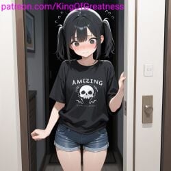 ai_generated black_hair black_shirt blush denim_shorts embarrassed jean_shorts king_great nervous oc short_hair standing twintails