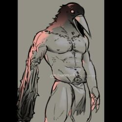 animal_head animal_humanoid avian beak bird body_hair body_horror bottomwear bulge claws clothing corvid corvus_(genus) crow crow_mauler digital_drawing_(artwork) digital_media_(artwork) disfigured fear_and_hunger for_a_head happy_trail human_torso humanoid loincloth male monochrome monster mostly_nude muscular muscular_male mutated navel oscine passerine spiked_arms teeth toothed_beak veiny_arms