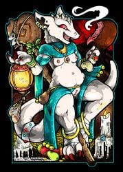 anthro apple belly bone bracelet breasts candle claws clothed clothing coin digital_media_(artwork) ear_piercing ear_ring feather_accessory female fingers food fruit genitals gold_(metal) gold_coin gold_jewelry ineffective_clothing jewelry kobold lamp lizard lizard_tail necklace nipples o-kemono open_mouth piercing plant pouch_(clothing) pussy red_eyes reptile ring ring_(jewelry) ring_piercing scales scalie shannon_(bahumot) skimpy skull small_breasts smile solo tail topwear vulva white_body