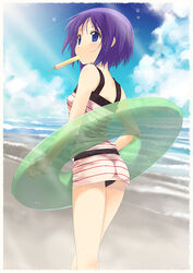 beach blue_eyes blue_hair cloud female female_only human innertube inori_hiiragi lucky_star mizuki_makoto popsicle purple_hair short_hair sky solo swimsuit tsukasa_hiiragi