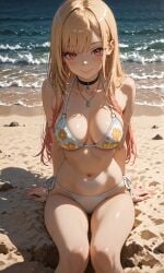 ai_generated beach blonde_female blonde_hair jewelry kitagawa_marin looking_at_viewer pink_eyes sitting swimsuit white_swimsuit white_swimwear