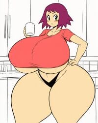 :< ai_generated black_panties blush coffee_mug crop_top curvy embarrassed gigantic_breasts highleg kitchen mega_man mega_man_star_force novelai sonia_strumm thick_thighs underboob wide_hips