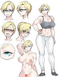 abs areolae blonde_hair blue_eyes blush breasts censored clothed collarbone curvy eyewear female female_only footwear glasses hand_on_hip heart heart_censor highres huge_breasts human j-chan_(ryo_agawa) large_areolae leggings looking_at_viewer midriff milf model_sheet muscles muscular_female navel nipples nude open_mouth original original_character ryo_agawa shoes simple_background smile solo sports_bra thick_thighs tomboy toned very_short_hair white_background wide_hips