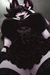 ai_generated anthro big_breasts big_thighs black_kneehighs black_shirt black_skirt breasts dark_hair edited female goth_girl gothic hips looking_down malicious_smile pokemon sylveon thighs tongue_out