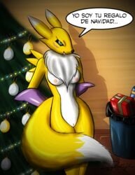 2018 anthro breasts canine christmas clothing digimon female fur furromantic gift gloves hi_res holidays looking_at_viewer mammal neck_tuft nipples nude pussy renamon solo spanish_text text translated tuft yellow_fur