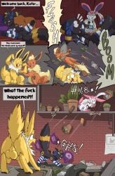 absurd_res accessory angry annoyed anthro armwear bow_accessory bow_ribbon camera canid canine canis clothed clothing comic crossdressing crossdressing_male dakota_(trepidfox) detached_sleeves domestic_dog ducking eeveelution female femboy fight footwear fox fuf gap_teeth generation_1_pokemon generation_2_pokemon generation_6_pokemon genitals grin group hair_accessory hair_ribbon hairbow hi_res jolteon knot knotted_penis kricket_(trepidfox) legwear male mammal nintendo pawpads penis pixel_(trepidfox) plant plant_pot pokemon pokemon_(species) pose potted_plant retractable_penis ribbons shocked smile smug smug_expression smug_face smug_grin socks stirrup_legwear stirrup_socks stockings surprised sylveon taking_picture teeth throwing throwing_object tooth_gap trash umbreon vulva