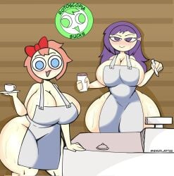 2girls :3 apron bell bow breasts cash_register cleavage coffee_cup coffee_mug cup disposable_cup holding holding_pen holding_plate huge_breasts indoors long_hair looking_at_viewer mug nemuri18 open_mouth pink_hair plate purple_eyes purple_hair red_bow saori_(the_p-club) short_hair starbucks starbucks_barista sweat the_p-club thick_thighs thighs triangle_mouth twitter_username white_apron yasuri_(the_p-club)