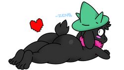 big_ass big_butt black_fur blush deltarune ear_tuft embarrassed exposed_ass feet fur furry furry_only goat hat heart laying_down male male_only nude nude_male on_stomach presenting presenting_hindquarters ralsei scarf tail tail_tuft zen0_33