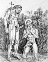 2005 2boys barefoot black_and_white christianity circumcised circumcision_scar cum_on_partner cumshot dove gay halo holding_object holding_penis kneeling large_penis long_hair male male/male male_only marc_debauch multiple_males muscle nude_male outdoors religion testicles yaoi