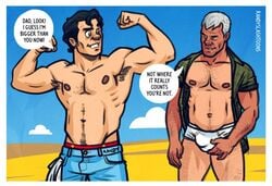 2boys age_difference artist_name black_hair bulge clark_kent comparison dc dc_comics exposed_nipples father_and_son flexing grabbing_penis jonathan_kent,_sr. male male_only muscle open_shirt pants_removed penis_under_clothes randyslashtoons superman superman_(series) tagme text topless underwear white_hair