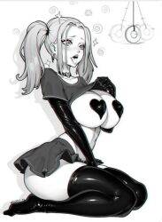 blonde_hair brassica choker hypnosis large_breasts latex latex_gloves latex_thighhighs mind_control miniskirt pasties pendulum shirt_lift spiral_eyes tongue_out twintails