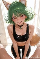 1boy ai_generated animal_ear_fluff animal_ears backlighting bangs bare_shoulders black_choker black_pants blush breasts choker collarbone curly_hair earrings fangs female fox_ears green_hair indoors jewelry kermixx looking_at_viewer navel one-punch_man open_mouth pants pov red_eyes shiny short_hair small_breasts smile solo_focus stomach sweat tail tatsumaki torn_clothes torn_pants
