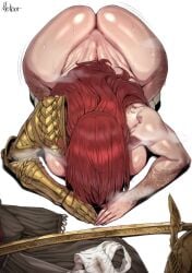 orrrca1701 elden_ring malenia_blade_of_miquella 1girls solo solo_female female female_only thick curvy voluptuous wide_hips ass big_ass fat_ass large_ass bubble_butt huge_ass sweat red_hair long_hair breasts large_breasts big_breasts dogeza white_background simple_background unworn_clothes unworn_panties panties white_panties sword weapon hi_res highres
