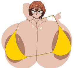 2026 big_breasts big_eyes bikini breasts brown_eyes edited kazao_niko looking_at_viewer red_hair sanda_(anime) smiley_face tasteofchoklit_(edit) white_background white_body yellow_bikini