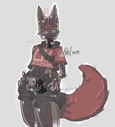 1boy anthro black_latex boy buttplug chastity_cage chastity_device choker collar drone drone_helmet flat_chastity_cage fox_ears fox_tail foxboy latex latex_clothing leaking_precum male male_only posing posing_for_the_viewer red_fur shiny_latex smug tight_clothing vibrating_buttplug x-ray