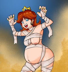 blue_eyes blue_eyes_female brown_hair brown_hair_female halloween halloween_costume mummy mummy_costume mummy_wrappings nintendo princess princess_daisy