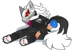 absurd_res anal anthro anus armor ass balls barefoot chest_tuft claws clothing disembodied_penis feet from_behind_position genitals gloves hair handwear headgear helmet hi_res infinite_(sonic) infinite_the_jackal long_hair looking_back lying male male/male mask mayghely offscreen_character on_side pawpads paws penis red_eyes sega sex solo_focus sonic_(series) sonic_forces sonic_the_hedgehog sonic_the_hedgehog_(series) tail tuft white_hair
