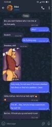 anthro bird_dog canid canine canis clothed clothing domestic_dog duo emoji glitch_productions golden_retriever hi_res hunting_dog lyrobr male mammal message partially_clothed phone_screen photo retriever scratch_(tadc) scratch_(the_amazing_digital_circus) solo text_message texting the_amazing_digital_circus