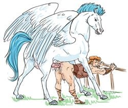 2boys anal anal_sex anus ass balls bottomless butt disney erection from_behind from_behind_position gay hercules_(character) hercules_(disney) male male/male male_only outdoors pegasus pegasus_(hercules) penis plain_background rough_sketch sex size_difference testicles white_background wings yaoi zoophilia