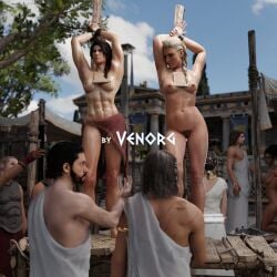 2girls 3d abs ancient_greece assassin's_creed_(series) assassin's_creed_odyssey athletic athletic_female barefoot bondage braid braided_hair breasts brown_hair busty eivor_varinsdottir erect_nipples feet female female_focus greek greek_mythology kassandra_(assassin's_creed) lean_muscle marble multiple_boys muscular muscular_female muscular_sub necklace nude nude_female slave slave_market spartan strong strong_female tied_hair tied_up ubisoft venorg warrior