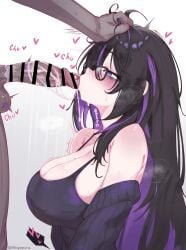 1boy 1girls absurdres bar_censor black_dress black_hair black_sweater breasts censored cleavage commentary completely_nude cum cum_on_body cum_on_penis dark-skinned_male dark_skin dress erection fellatio female glasses goddess_of_victory:_nikke highres huge_breasts label_(nikke) licking licking_penis light-skinned_female light_skin messy_hair mole mole_on_breast multicolored_hair nude oral penis purple_eyes purple_hair shinyozura side_view straight sweater twitter_username two-tone_hair