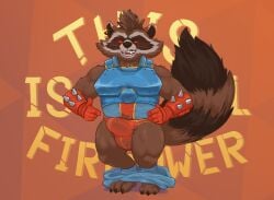 3_toes 5_fingers anthro armor biceps big_bulge big_tail biped black_claws black_toe_claws blue_armor blue_bottomwear blue_clothing blue_pants blue_topwear bottomwear bottomwear_down briefs brown_body brown_fur brown_hair brown_nose bulge claws clothed clothed_anthro clothed_male clothing detailed_bulge digital_drawing_(artwork) digital_media_(artwork) dipstick_ears ear_markings ear_piercing ear_ring english_text facial_markings feet fingers front_view full-length_portrait fur genital_outline gesture gloves guardians_of_the_galaxy hair hand_gesture hand_on_hip hand_on_own_hip handwear head_markings hi_res humanoid_hands looking_at_viewer male male_anthro mammal markings marvel marvel_rivals mask_(marking) mohawk multicolored_body multicolored_ears multicolored_fur muscular muscular_anthro muscular_male open_mouth open_smile orange_background orange_briefs orange_clothing orange_underwear pants pants_down partially_clothed penis_outline piercing pointing pointing_at_bulge pointing_at_crotch pointing_at_self portrait presenting_bulge procyonid quads raccoon red_briefs red_clothing red_eyes red_gloves red_handwear red_sclera red_underwear ring_(marking) ring_piercing ringed_tail rocket_raccoon shaded short simple_background smile smiling_at_viewer solo spiked_gloves spikes standing striped_markings striped_tail stripes tail tail_markings teamurr teeth text text_background toe_claws toes topwear underwear whiskers