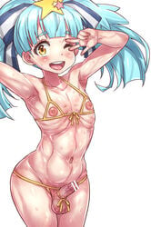 1futa armpits arms_up bar_censor bare_arms bare_shoulders bikini blue_hair bow censored cowboy_shot deep_armpits erection eyebrows_visible_through_hair futa_only futanari hair_ornament hairbow heart hoihoi hoihoi_(hoihoi1116) hoshikawa_lily looking_at_viewer navel nipples nude one_eye_closed open_mouth penis penis_bow ribs simple_background solo spoilers star star_hair_ornament stomach sweat swimsuit testicles ugly v_over_eye zombie_land_saga