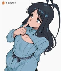 thronart ai_generated 1boy femboy 1femboy male male_focus solo solo_focus solo_femboy antenna_hair long_hair dark_hair blue_eyes straight_hair finger_to_mouth chest_cutout bulge giselle_gewelle bleach bleach:_the_thousand-year_blood_war