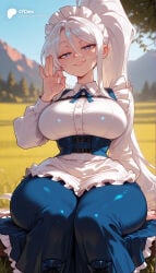 1girl 1girls absurd_res absurdres ai_generated apron ass big_ass big_breasts blue_dress blue_eyes blue_ribbon blue_skirt blurred_background blurry blurry_background blush boots breasts cartoon cartoony collared_shirt corset cross-laced_footwear day depth_of_field dress fellatio_gesture female female_focus female_only frills grin hair_between_eyes heart heart-shaped_pupils hi_res high_ponytail high_quality high_resolution highres large_ass large_breasts long_hair long_sleeves looking_at_viewer maid maid_apron maid_headdress naughty_face odexai ok_sign outdoors parted_lips ponytail seductive_smile shirt sitting skirt sky small_waist smile solo solo_focus straight sylpha_langlis symbol-shaped_pupils thick_thighs thin_waist tree underbust very_long_hair waist_apron white_hair white_shirt wide_hips window
