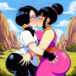 2girls age_difference ahe_gao ahegao ahegao_face ai_generated big_ass big_breasts big_butt black_hair black_hair_female black_shorts chichi clothed dragon_ball dragon_ball_z dress hair_bun hand_on_hip kissing light-skinned_female light-skinned_females light_skin mature mature_woman novelai older_female older_woman_and_teenage_girl outdoors outside passionate_kiss side_view teenage_girl teenager twintails videl white_shirt younger_female yuri