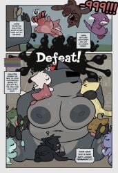 2d 2d_(artwork) 2d_artwork attack ballbusting balls big_breasts blue_body blue_fur breasts cock_and_ball_torture comic crotch_attack crotch_kick crushpepper cunnilingus digital_drawing_(artwork) digital_media_(artwork) english_text felid feline female female/female fur genital_torture genitals group group_sex guillotina_(mewgenics) hi_res huge_breasts kick kissing lesbian licking_claws mammal mewgenics oral orgy overweight overweight_female sex tagme text vaginal_penetration yuri