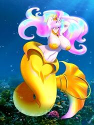 1girls 3:4 absurd_res ambient_coral ambient_sealife anthro aquatic big_breasts blue_highlights blueondrive breasts bubble cephalopod_shell crown equid equine eyeshadow female female_only friendship_is_magic gem glistening glistening_breasts gold_(metal) gold_jewelry green_highlights hair hands_behind_head hasbro headgear hi_res highlights_(coloring) horn jewelry looking_at_viewer makeup mammal merfolk mermaid_tail mixed_media mollusk_shell multicolored_hair my_little_pony mythological_creature mythological_equine mythology narrowed_eyes navel necklace pasties photo_background photography_(artwork) pink_eyeshadow pink_hair princess_celestia_(mlp) scales seashell_pasties shell small_waist solo sparkles sparkling_hair split_form tail tiara underwater unicorn water white_body wide_hips yellow_body yellow_scales yellow_tail