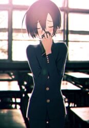 1boy backlighting barbell_piercing bishounen black_hair black_jacket black_pants bloom blush buttons chair chromatic_aberration classroom closed_eyes commentary_request covered_mouth covering_own_mouth cowboy_shot desk ear_piercing earrings furrowed_brow gakuran glint hair_between_eyes hands_up highres holding holding_underwear holding_unworn_clothes indoors industrial_piercing jacket jewelry male_focus original own_hands_together pants photo_background piercing rejoys school school_chair school_desk school_uniform short_hair sidelocks smell smelling smelling_clothes smelling_male_underwear solo standing straight-on underwear window