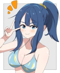 1girls female female_only pose posing busty big_breasts voluptuous alternate_hairstyle arm_up bikini blue_bikini breasts cleavage highres large_breasts looking_at_viewer make_heroine_ga_oo_sugiru! medium_hair ponytail smile solo swimsuit v yanami_anna