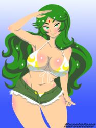 bikini_top daisy_dukes female green_eyes green_hair kid_icarus kurotatsuo long_hair palutena solo