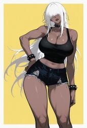 uersor goth goth_girl gothic gothic_girl milf latina latina_female latina_milf ai_generated ai ai_art ai-created deviantart_link female female_focus female_only solo solo_female mature_female 1girls 1girl large_breasts big_breasts breasts wide_hips hips thick_thighs thighs thin_waist cowboy_shot curvy curvy_figure curvy_female curvy_body navel belly shiny_skin dark_skin dark-skinned_female brown_skin brown-skinned_female sidelocks messy_hair long_hair looking_at_viewer white_hair simple_background border outside_border white_border yellow_background standing contrapposto hand_on_own_hip head_tilt fully_clothed clothing tank_top black_tank_top crop_top black_crop_top top black_top topwear black_topwear black_shorts short_shorts denim_shorts spiked_collar spiked_bracelet cleavage black_bracelet black_collar hair_covering_eye hair_covering_eyes no_eyes black_lips black_lipstick ass_visible_through_thighs black_nails