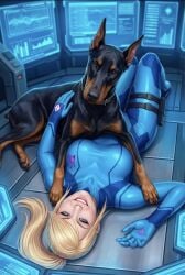 ai_generated blonde_hair blue_eyes breasts canine doberman dog duo female floor happy latex metroid nintendo on_back samus_aran skin_tight smiling thighs zero_suit_samus zoophilia