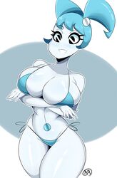 1girls big_breasts bikini blue_hair bmayneart breasts cleavage curvy eyebrows_visible_through_hair female female_only female_protagonist hair jenny_wakeman large_breasts my_life_as_a_teenage_robot robot robot_girl screw solo swimsuit thick_thighs thighs xj-9