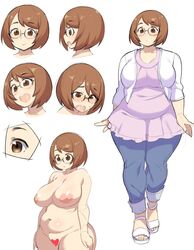 areolae bangs breasts brown_eyes brown_hair censored chubby cleavage clothed eyelashes eyewear f-chan_(ryo_agawa) feet female female_only front_view full_body glasses heart_censor highres huge_breasts human jeans model_sheet nipples nude original original_character ryo_agawa shirt short_hair simple_background solo sweat thick_thighs toes voluptuous white_background wide_hips