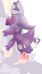 amped_toxtricity anthro anthro_on_anthro anus ass backsack balls blue_eyes blush bodily_fluids cum cum_drip cum_in_mouth cum_on_tongue drooling duo erect_penis fellatio gay genital_fluids hand_on_leg head_crest held hemipenes human_penis interspecies legs_up lightning_bolt male male/male nintendo open_mouth oral penis penis_in_mouth pokemon purple_body purple_skin saliva saliva_on_penis size_difference spiky_ears tongue tongue_out toxel toxtricity upside-down young zpectralkrystal