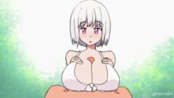 1boy 1girls animated between_breasts big_breasts bikini breasts clothing duo female gif hair male paizuri paizuri_under_clothes penis pink_eyes ruw_ruler shinjou_akane ssss.gridman straight white_hair