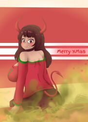 bedroom big_ass big_breasts blush breasts brown_eyes brown_hair christmas christmas_outfit devil_horns emily_(funlitogc) enjoying_farting fart fart_cloud fart_fetish farting farting_at_viewer female female_only funlitogc gassychan_(artist) thick_thighs thighhighs voluptuous