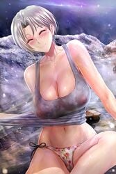 bare_shoulders big_breasts blush breasts cleavage closed_eyes clothing curvy female female_only hair huge_breasts konno_mitsune krabby_(artist) large_breasts love_hina nipples nipples_visible_through_clothing no_bra panties see-through shirt smile solo through_clothes white_hair