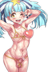 1futa armpits arms_up bar_censor bare_arms bare_shoulders bikini blue_hair bow censored cowboy_shot deep_armpits erection eyebrows_visible_through_hair futa_only futanari hair_ornament hairbow heart hoihoi hoihoi_(hoihoi1116) hoshikawa_lily looking_at_viewer navel nipples nude one_eye_closed open_mouth penis penis_bow ribs simple_background solo spoilers star star_hair_ornament stomach sweat swimsuit testicles ugly v_over_eye zombie_land_saga