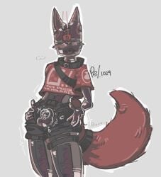 1boy anthro black_latex boy buttplug chastity_cage chastity_device choker collar drone drone_helmet flat_chastity_cage fox_ears fox_tail foxboy latex latex_clothing leaking_precum male male_only posing posing_for_the_viewer red_fur shiny_latex smug tight_clothing vibrating_buttplug