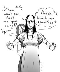 2girls black_hair breasts breasts_visible_through_clothing cleft_lip dress dress_pull gidra.ra mona_lanius oc pulling_back small_breasts urbanspook white_skin